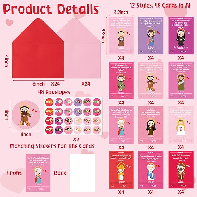 TICIAGA 144pcs Valentine's Day Catholic Church Greeting Card with Envelop for Kids, Religious Character Sticker Bible Notecard Exchange Gift for Boy Girl Sunday School Christian Classroom Party Favor