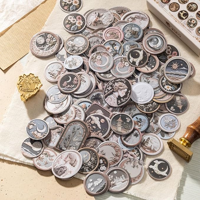 100 PCS Aesthetic Relief Fire Lacquer Stamp Sticker, Vintage Original Decorative Envelope Seal Stickers for Junk Journaling, Scrapbooking, Crafting, DIY Projects, Diaries, and Art Supplies