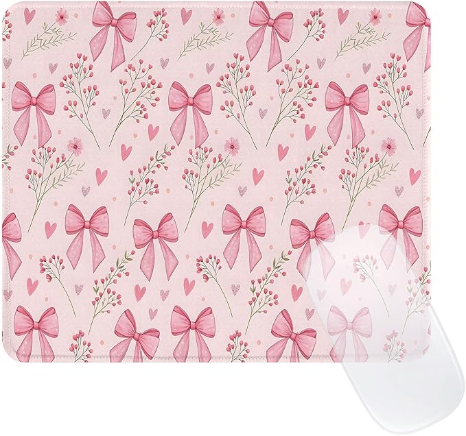 Cute Bouquet of Flowers Mouse Pad, Waterproof Aesthetics Floral Mouse Pads Design, Non-Slip Rubber Base Computer Simple Funny Mousepad,Small Mouse Mat Desk Accessories,Pink Bow