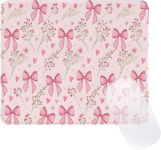 Cute Bouquet of Flowers Mouse Pad, Waterproof Aesthetics Floral Mouse Pads Design, Non-Slip Rubber Base Computer Simple Funny Mousepad,Small Mouse Mat Desk Accessories,Pink Bow