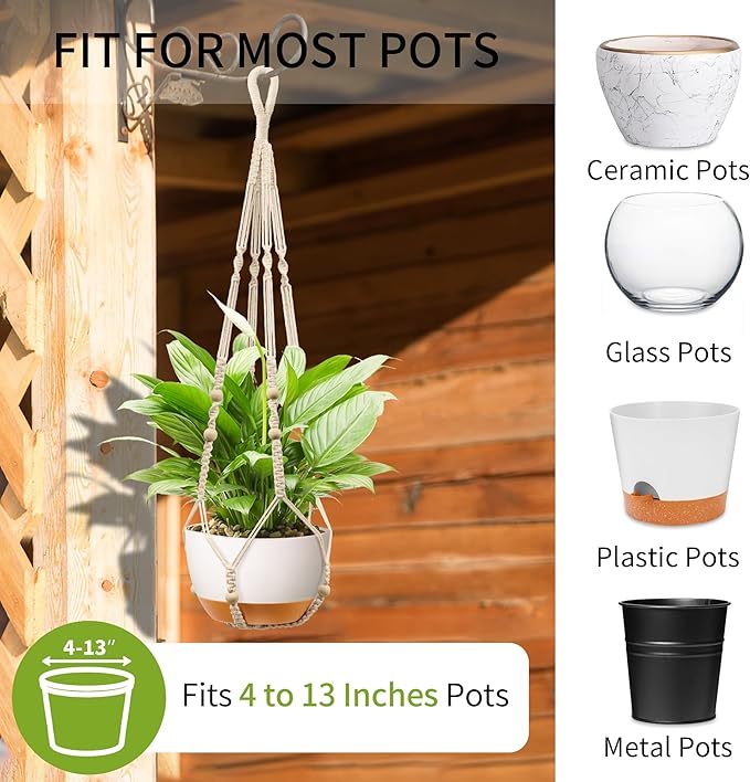 Macrame Plant Hanger - Fits 4 to 13 inches Pots for Indoor Outdoor, 35 Inch, Set of 2, Ivory (POTS NOT Included)