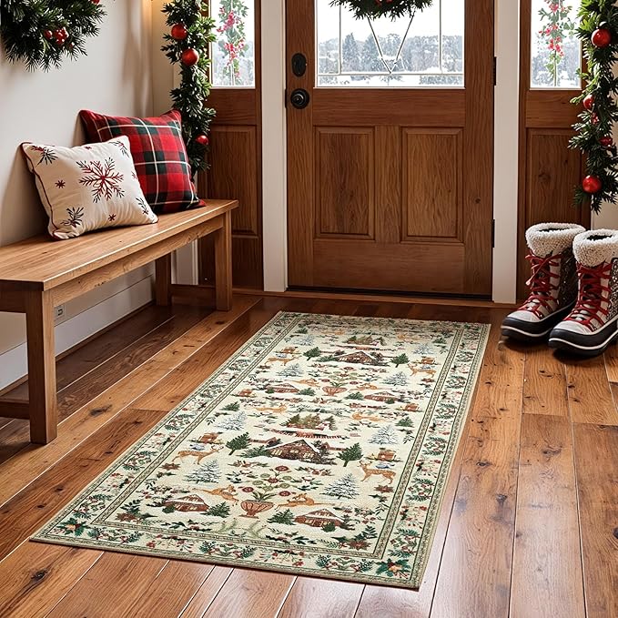 jinchan Christmas Rug 3x5 for Entryway Kitchen Holiday Rug for Bedroom Christmas Tree and Cabin Printed Xmas Decor for Living Room Bathroom Washable Non Slip Decorative Floor Carpet Green on Beige