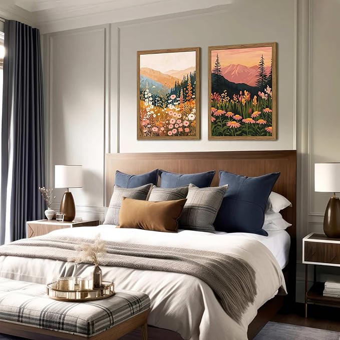 Boho Colorful Landscape Wall Art Set of 3, Vintage Wildflower Mountain Canvas Wall Decor Paintings, Rustic Nature Floral Pictures Prints for Living Room Bedroom 16x24 Inch Wood Framed