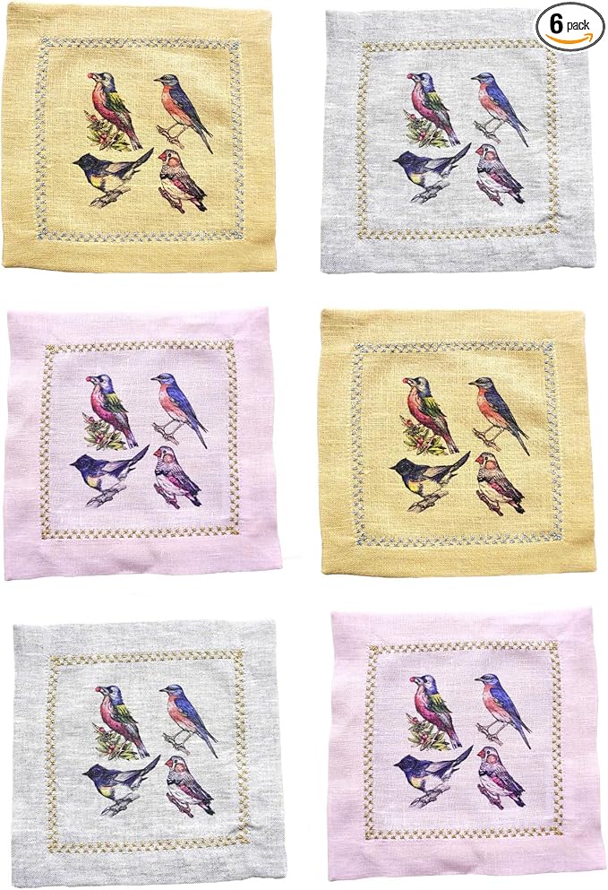 Cocktail Napkins Set of 6, 6x6 inch, 100% Linen, Printed Animal Pattern, Reusable & Washable Cloth Coasters for Beverages, Hosting, Gifting & Everyday Use (Four Birds - Colorful)