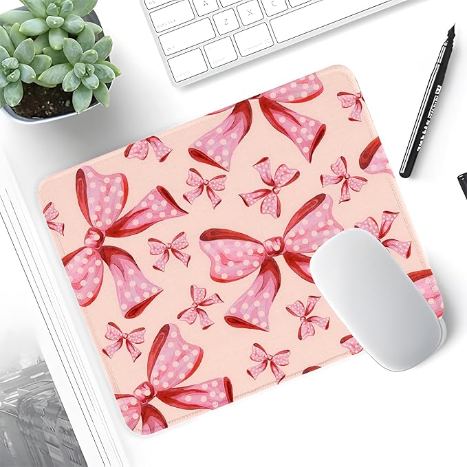 Seorsok Square Aesthetic Oversized Pink Polka Dot Bows Mouse Mat,Premium Textured Mouse Pads for Office Laptop,Washable Square Mousepads with Extended Stitched Edges Non Slip Rubber Base