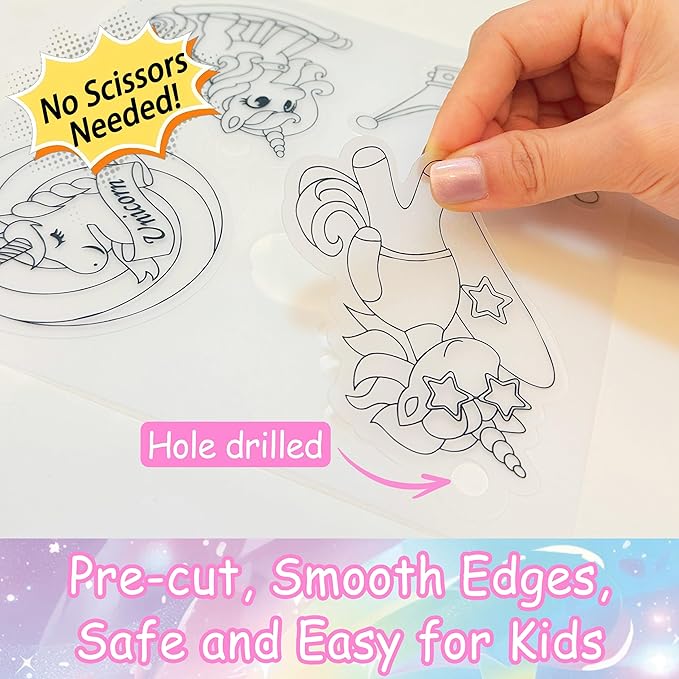 Vicentorra DIY Unicorn Shrinking Art Kit, 63 PCS That Creates Charms and Tags, Includes 24 Pre-Cut Charms, 12 Markers & 12 Ball Chains, No Mess Art & Crafts for Kids and Teens, Ideal Party Favor Gift