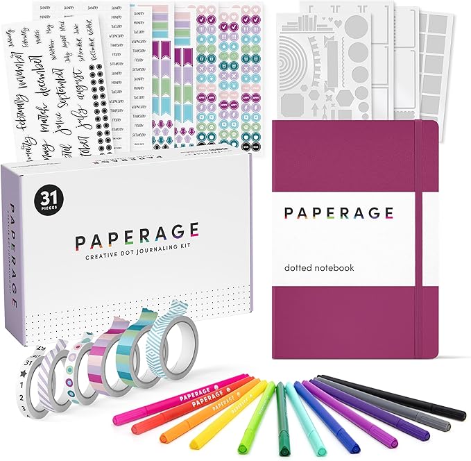 PAPERAGE Bullet Journal Kit, Dotted Journaling Set & Stationary Kit, Hardcover Dotted Journal Notebook (Raspberry), 12 fineliner Pens, 8 Sticker & 3 Stencil Sheets, 6 Washi Tapes