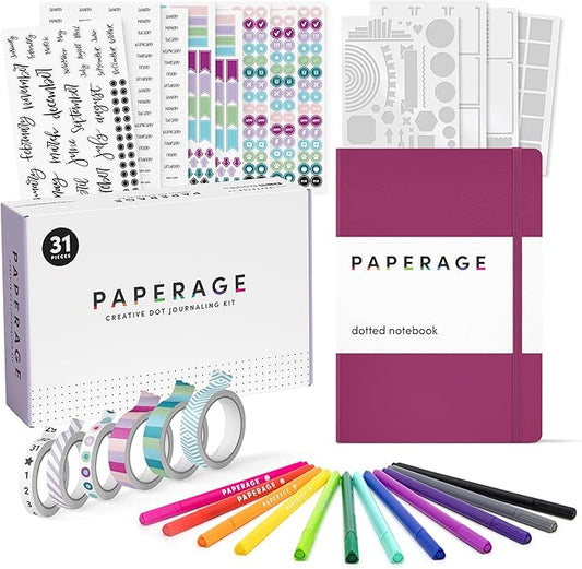 PAPERAGE Bullet Journal Kit, Dotted Journaling Set & Stationary Kit, Hardcover Dotted Journal Notebook (Raspberry), 12 fineliner Pens, 8 Sticker & 3 Stencil Sheets, 6 Washi Tapes