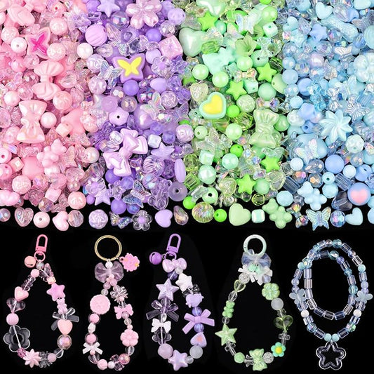 210-270PCS TINKRSTUFF Assorted Acrylic Beads, 4 Colors Series Cute Beads for Bracelet Making, Bow Flower GummyBear Kawaii Charms, Aesthetic Bead for Necklace Keychain Jewelry Making DIY Phone Charm