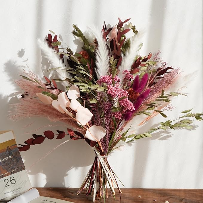 Natural Dried Flower Bouquet - Boho Pampas Grass Decor, Chic Flower Arrangements for Moody Office & Bedroom Decor, DIY Home Vase Filler, Farmhouse Floral, Fall Wedding Bouquet