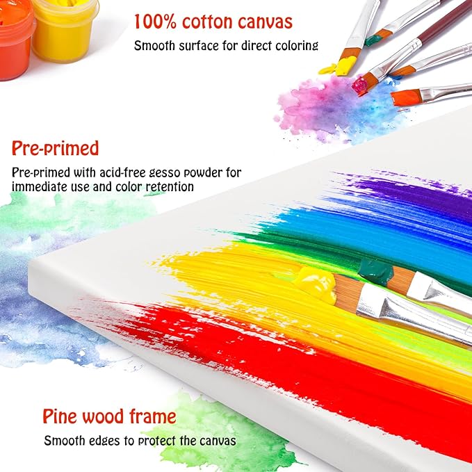 Stretched Canvas - 5x7, 8x10, 9x12, 11x14 (3 of Each) Total 12 Canvas Pack - 100% Cotton Blank Canvases for Oils Acrylics and Pouring