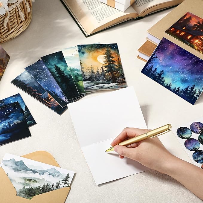 100 Pcs Whimsical Watercolor Illustration Starry Night Sky Blank Greeting Cards 4x6, Blank Cards, 10 Designs Stationary Set for All Occasions with Matching Rustic Envelopes and Stickers