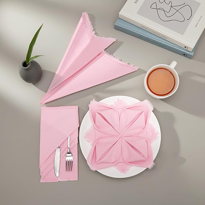 Lightnpro Cotton Napkins Set of 12, Beautiful Handmade Fringe Dinner Cloth Napkins, Washable and Reusable for Dining, Parties, Weddings, Holiday & Everyday Use - 18x18 Inch Baby Pink