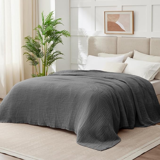 100% Cotton Muslin Blanket Large 50" x 70", Breathable and Lightweight Cotton Throw Blanket for Bed and Couch, Soft Cooling Summer Gauze Blanket for Adults All Season, Dark Grey