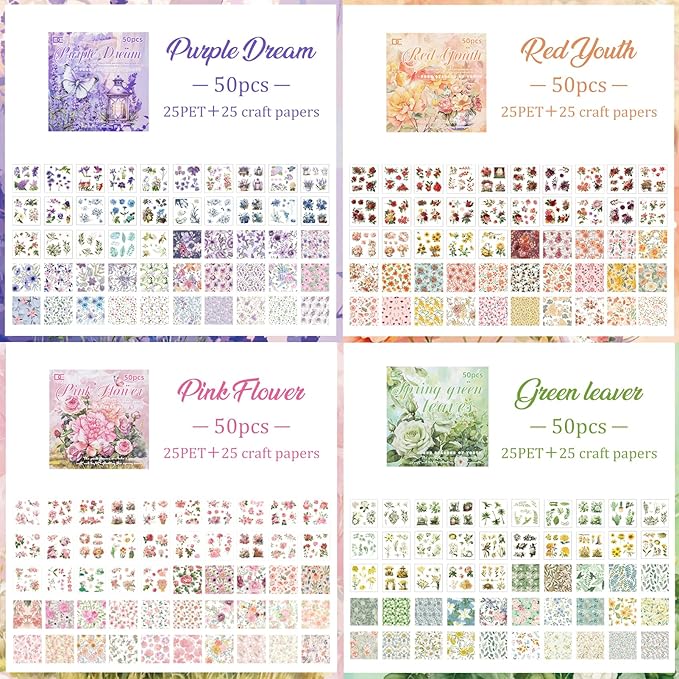 Snycler 4 Books Scrapbooking Supplies, Vintage Journaling - 100 Sheets PET & 100 Sheets Paper Stickers, DIY Craft Stickers for Junk Journals, Ephemera Sticker Book, Seasonal Themes, Pre-Cut Designs