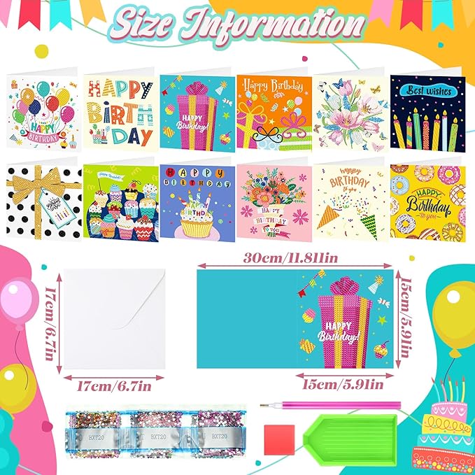 Saillong 12 Pack Happy Birthday Diamond Painting Greeting Card Kits DIY Diamond Art Cards with Envelopes Birthday Cake 5d Rhinestones Painting Kits for Adults DIY Crafts Family Friend Birthday Gifts