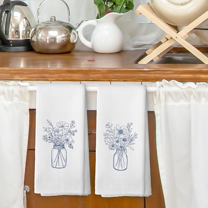 Bohemian Bouquet Kitchen Dish Towels Set of 2, Minimalist Botanical Still Life Decor for Bathroom, Modern Aesthetic Fine Line Floral Hand Towels Kitchen Tea Towels Decorations, 16x24inch
