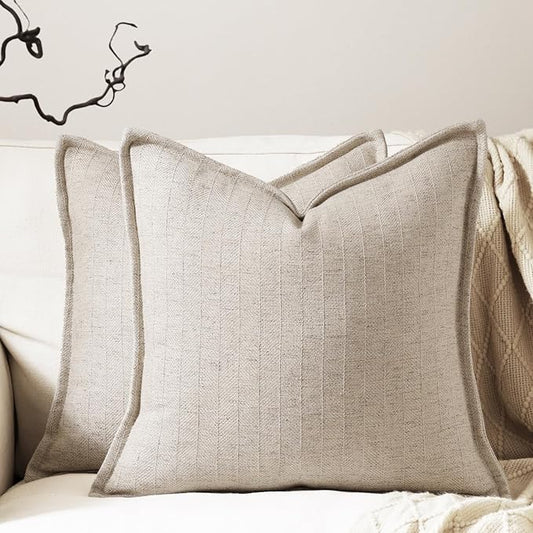 16x16 Linen Pillow Covers Natural Beige Pack of 2 Farmhouse Boho Neutral Accents Striped Textured Square Decorative Throw Pillow Cases for Living Room Couch Bed Home Decor
