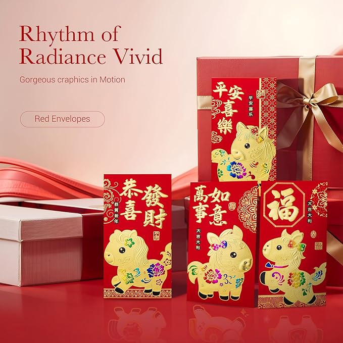 36pcs Red Envelopes Chinese New Year, Chinese Traditional Lucky Money Hong Bao Red Envelope Pockets for 2026 Spring Festival, Lunar New Year, 6 Cartoon Horse Designs,L