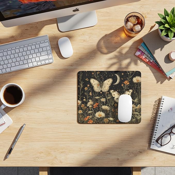 Vintage Floral Butterfly Field Mouse Pad, Dark Contemporary Botanical Moth Mousepad for Desk Home Office Dorm Computers, Nature Aesthetic Office Supplies Desk Accessories, 9.5x7.9 Inch