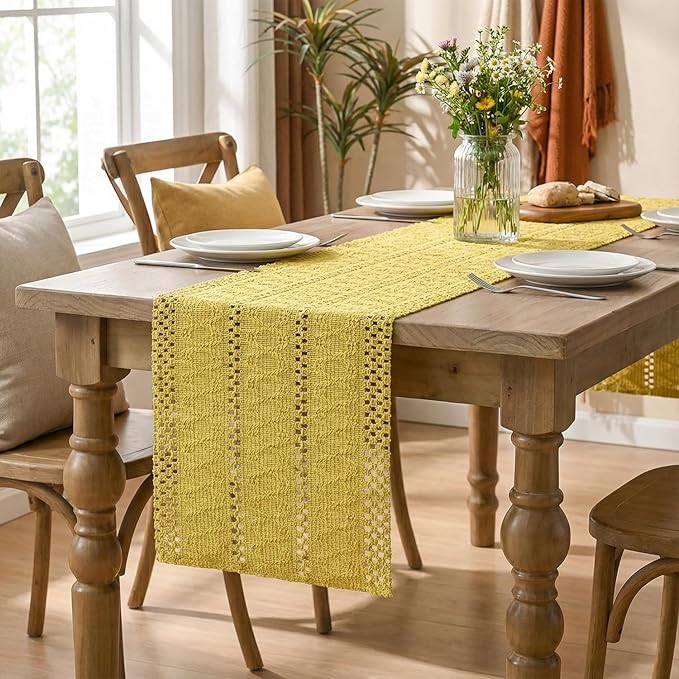 Artoid Mode Yellow Farmhouse Woven Rustic Hollow Table Runner, Seasonal Holiday Hollow Kitchen Dining Table Decoration for Home Party Decor 12x108 Inch
