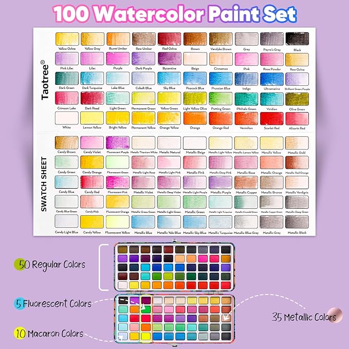 Taotree Watercolor Paint Set 100 Colors, Art Supplies Watercolors Kit Travel Water Colors with 3 Paints Brushes, Crafts Painting Supplies, Drawing Christmas Gifts for Teens Girls Boys Adults Artists