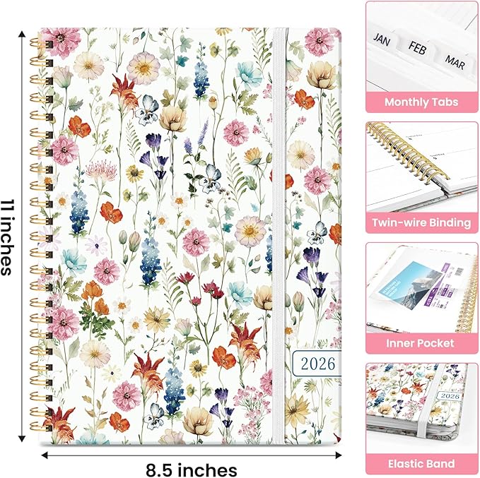 2026 Planner, Weekly and Monthly Calendar Planner for Women, Jan 2026 - Dec 2026, Hardcover Planning Agenda book with Tabs, Spiral Bound, Inner Pocket, Perfect for School Office Supplies, 8.5" x 11" - Wildflowers