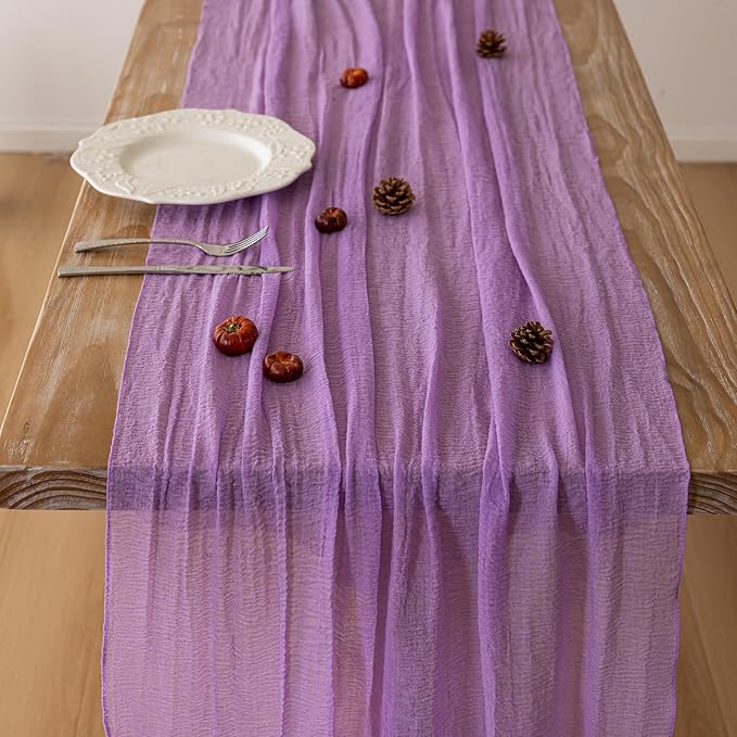 Keketoarrange Spring Table Runner Lavender Gauze Rustic Boho Lilac Cheesecloth Grape Table Runner 120 Inch 10 FT for Wedding Baby Bridal Shower Birthday Party Long Sheer Easter Home Decorations