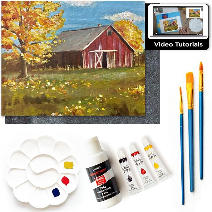 Painting4Real DIY Art Painting Kit for Adults – Learn to Paint Barn to The Peaks with Video Tutorials – 9 Pieces Acrylic Paint Set for Adults –Perfect Christmas Crafts & Holiday Gifts for Art Lovers