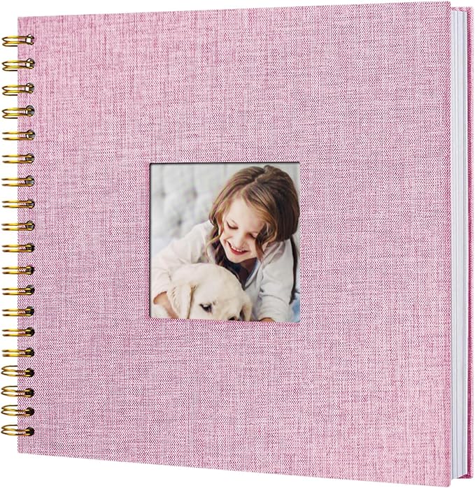 10 x 10 Inch Scrapbook Photo Album, DIY Memory Book Linen Cover for Photos, Hardcover Kraft White Pages Scrap Book Photo Albums for Travel, Wedding Anniversary Family Christmas Baby 40 Pages, Pink