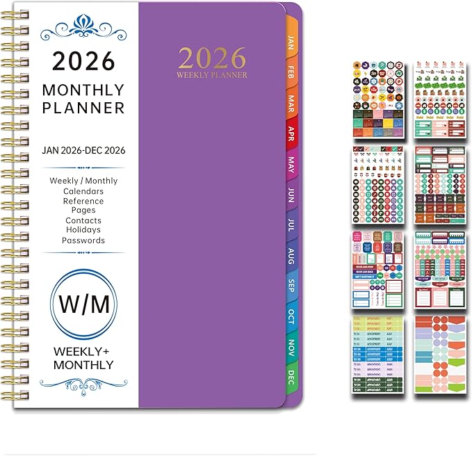 2026 Planner, Weekly and Monthly Planner, January 2026 - December 2026, Calendar Planner A5 (6.5" x 8.5") with Tabs With 8 stickers, Inner Pocket for Home School Office Supplies (Purple)