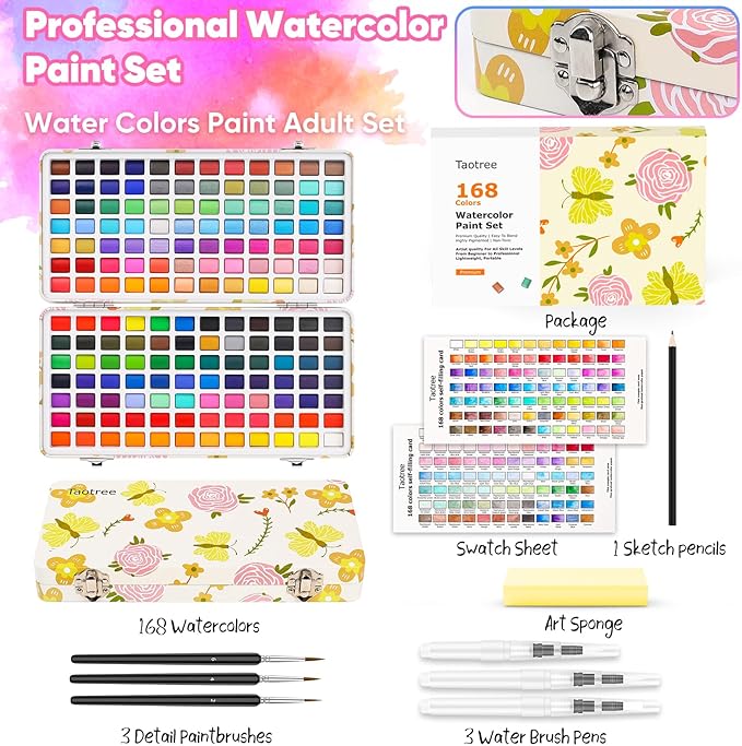 Taotree Watercolor Paint Set 168 Colors, Art Supplies Watercolors Kit Travel Water Colors with 3 Paints Brushes, Crafts Painting Supplies, Drawing Christmas Gifts for Teens Girls Boys Adults Artists
