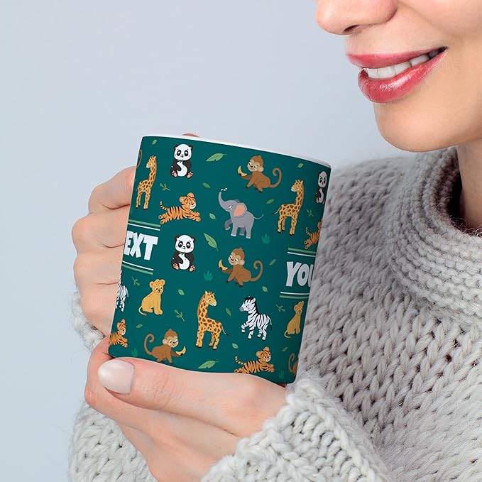 Personalized Mug for Kids - Zoo Animals - Custom Name/Text, Ceramic Hot Chocolate/Cocoa/Coffee Cup for Boys/Girls, Birthday/Christmas/Holiday Gift - 15 oz, Navy Blue Handle