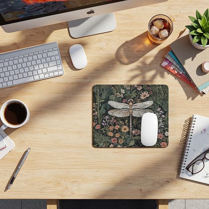 Moody Floral Dragonfly Mouse Pad,Dark Cottagecore Botanical Dragonfly Mouse Pads Mousepad for DeskOffice Dorm Computers Laptop, Aesthetic Office Supplies Desk Accessories, 9.5x7.9 Inch