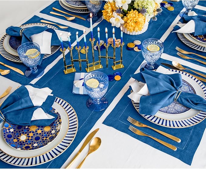 Solino Home Linen Indigo Blue Table Runner 132 Inches Long - 100% Pure Linen Extra Long Table Runner 14 x 132 Inch for Winter, Spring, Easter - Classic Hemstitch
