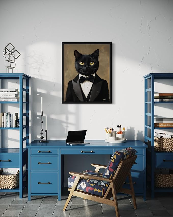 Tuxedo Cat Art Poster Print, Cat Kitten Painting Humor Portrait Pet Artwork Decor Gallery A8 (Tuxedo, 16 x 20 inches, Black Frame)