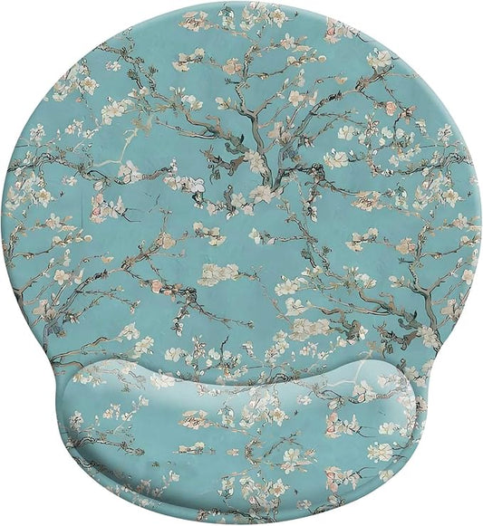 Square Floral Mouse Pad Wrist Rest, Decorative Beautiful Flowers Plants White Blooms Ergonomic Mousepad with Non-Slip Rubber Base, Personalized Premium-Textured Custom Mouse Mat Design