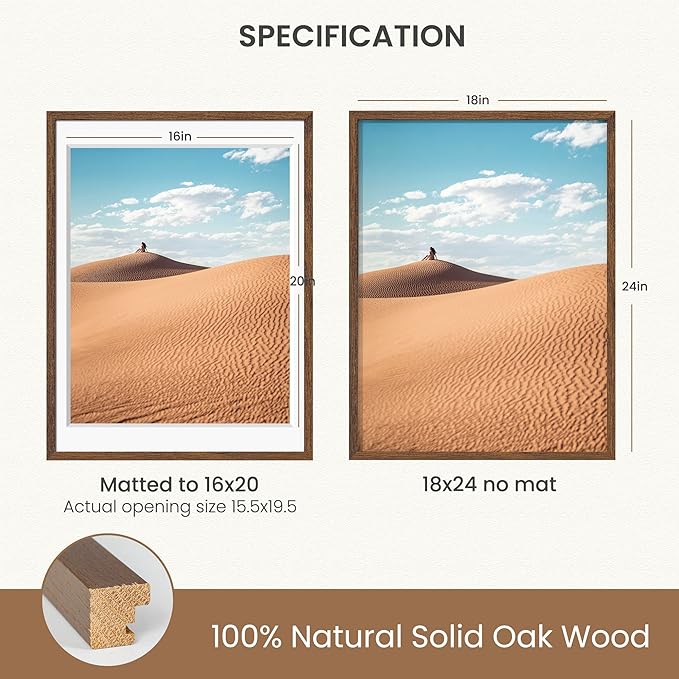 Dreamland 18x24 Picture Frame, Natural Oak Wood Poster Frame with Mat for 16x20, 18 x 24 Matted Picture Frames with Tempered Real Glass for Wall Art Photo and Prints, Walnut Color, Set of 2