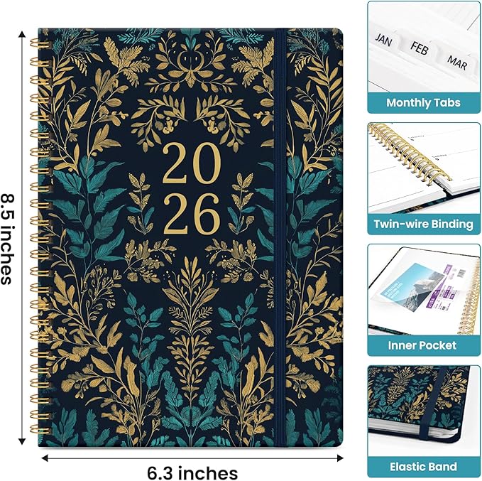 2026 Planner, Weekly and Monthly Calendar Planner for Women, Jan 2026 - Dec 2026, Hardcover Planning Agenda book with Tabs, Spiral Bound, Inner Pocket, Perfect for School Office Supplies, 6.3" x 8.5" - Hidden Bloom
