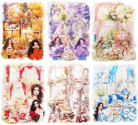 Cozy Home PET Stickers Set, 120PCS Vintage Girl and Room Aesthetic Stickers for Journaling, Scrapbooking, Planners and DIY Crafts