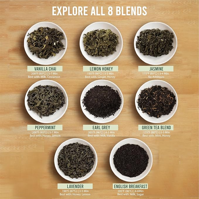 Loose Leaf Tea Sampler Gift Set Box – 8 Unique Flavors with Stainless Steel Infuser | Vanilla Chai, Jasmine, Lemon Honey & More | Tea Gift Set for Women and Men - Set of 9