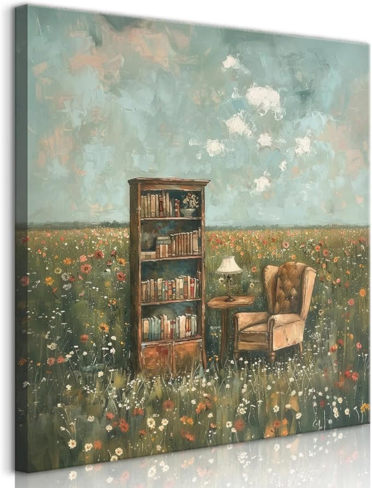 LSXARTQQ Vintage Book Nook Wall Art Whimsical Impressionist Flower Field Wall Decor Retro Book Club Home Library Decor Painting Picture Rustic Farmhouse Bookish Themed Canvas Print (16x16inch)