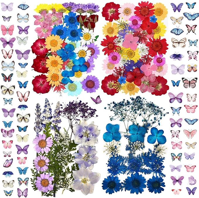 152 Pcs Dried Pressed Flowers for Resin and Nails, Real Natural Flowers Leaves and Butterfly Stickers for Jewelry Soap and Candle Making