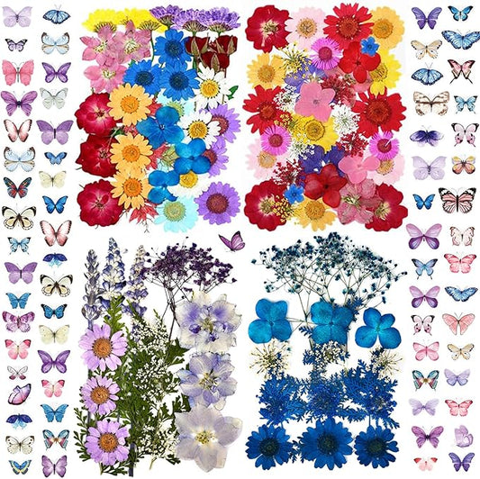 152 Pcs Dried Pressed Flowers for Resin and Nails, Real Natural Flowers Leaves and Butterfly Stickers for Jewelry Soap and Candle Making
