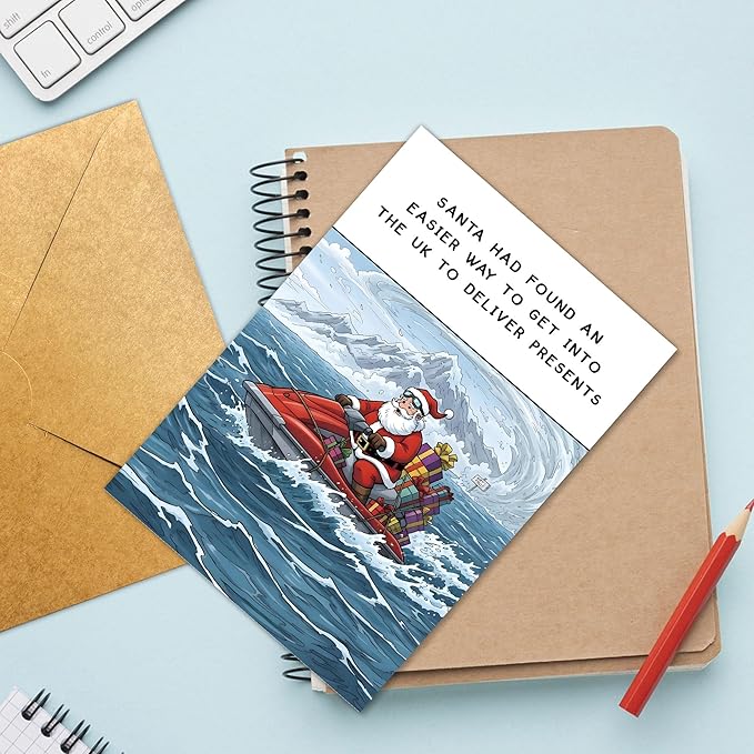 (5.3x8in) Santa Found an Easier Way to Get Into the UK Christmas Card with Envelope, Funny British Holiday Greeting Featuring Jet Ski Santa, Humorous Xmas Card for Friends and Coworkers (Xmas 35)