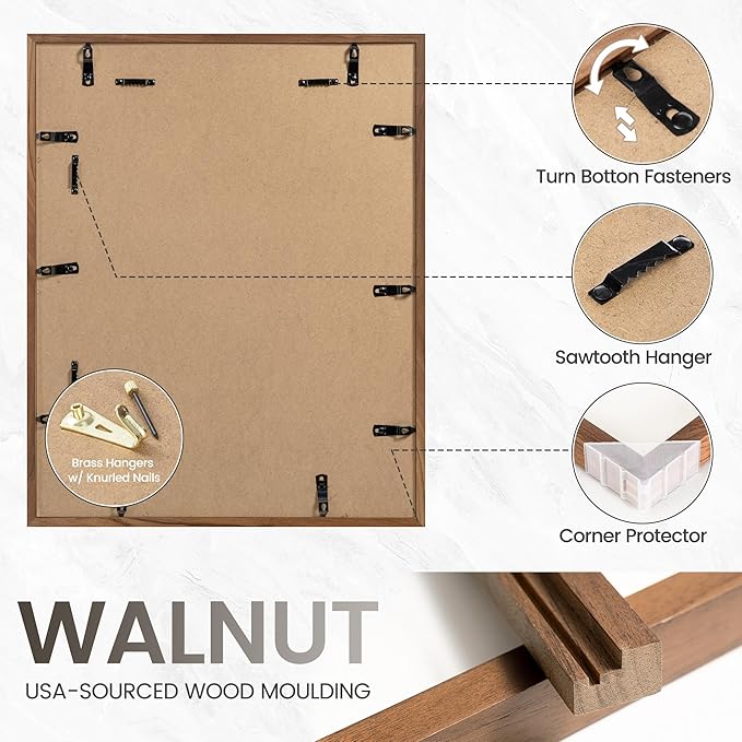 11x14 Picture Frame Set of 3, USA-Sourced Natural Walnut Wood Photo Collage Frame with HD Tempered Glass, Modern Simple 11 x 14 Wooden Frame Matted to 8x10, Vertical & Horizontal Wall Hanging Display