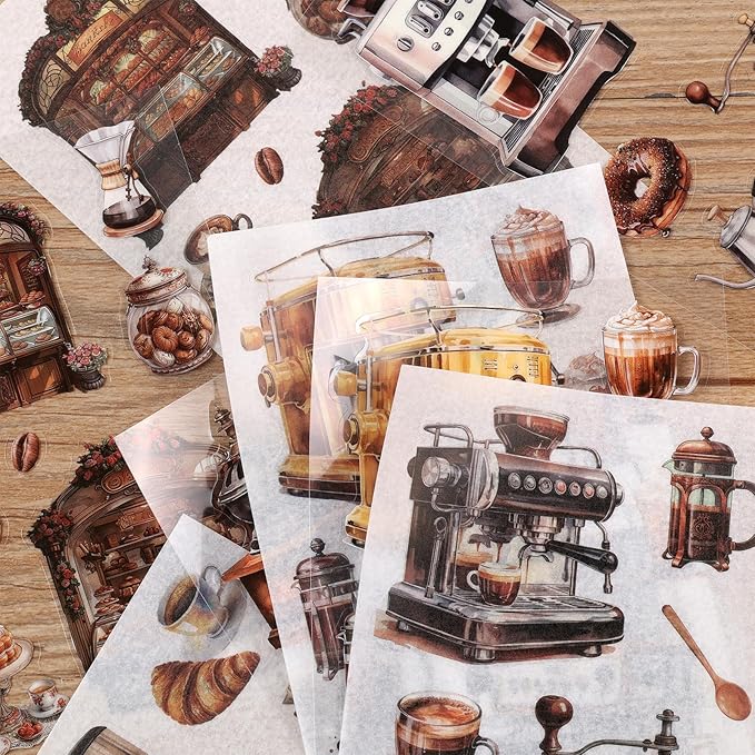 Coffee Scrapbook Stickers 36 Sheets 200 Pre-Cut Washi Stickers for Journaling PET Transparent Book Sticker 18 Sheets Scrapbook Paper Decorative or DIY Crafts Arts and Crafting Projects