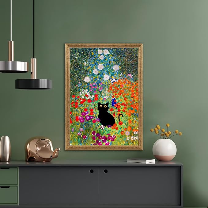 Fantasy Artists Gustav Klimt Canvas Wall Art, Framed Aesthetic Cat Floral Wall Decor, Garden Flower Black Cat Poster Paintings for Living Room Bedroom Bathroon, Dorm Home Decorations, 16" X 24"