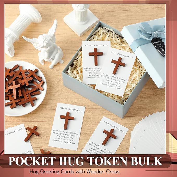 Bucherry 60 Set Pocket Hug Token Bulk Hug Greeting Cards with Mini Wooden Cross Greeting Cards Keepsake Exchange Card Relationship Gift for Friends Colleagues Family Christians Church Gifts (White)
