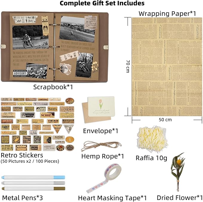 Vienrose Photo Album Scrapbook Kit, 3 Ring Faux Leather Cover DIY Memory Book Kraft Paper with 50 Sheets 100 Pages, Vintage Scrapbooking Supplies Set for Wedding, Anniversary, Family, Gifts, Brown